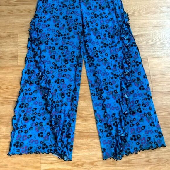 Anna Sui Womens Blue Ruffle Trim Field Flower Pants M Boho Festival Wide Leg - Picture 5 of 11